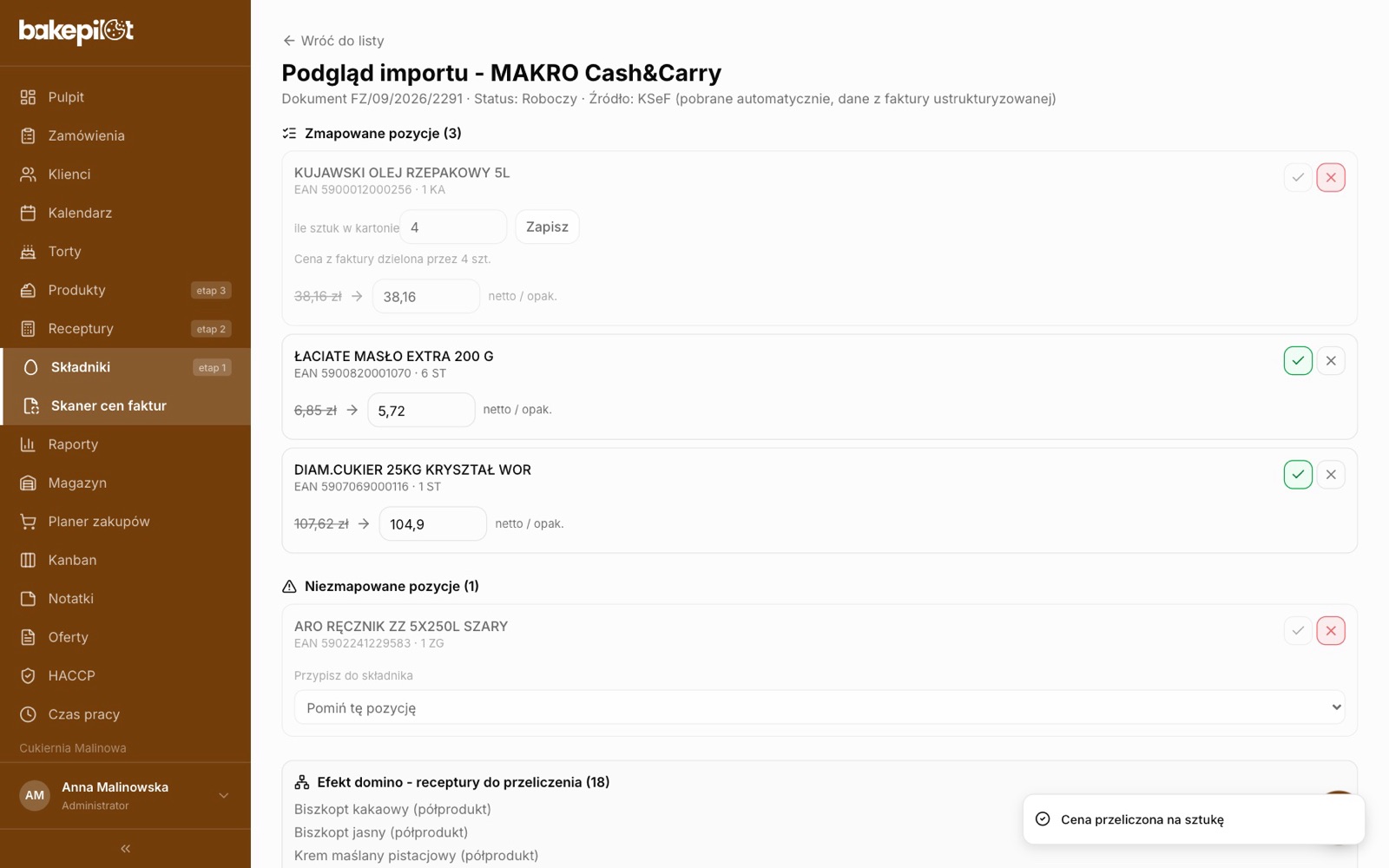 Podgląd importu faktury kosztowej pobranej z KSeF: pozycje z kodem EAN, przeliczenie ceny kartonu na sztukę, pozycja niezmapowana i lista receptur do przeliczenia