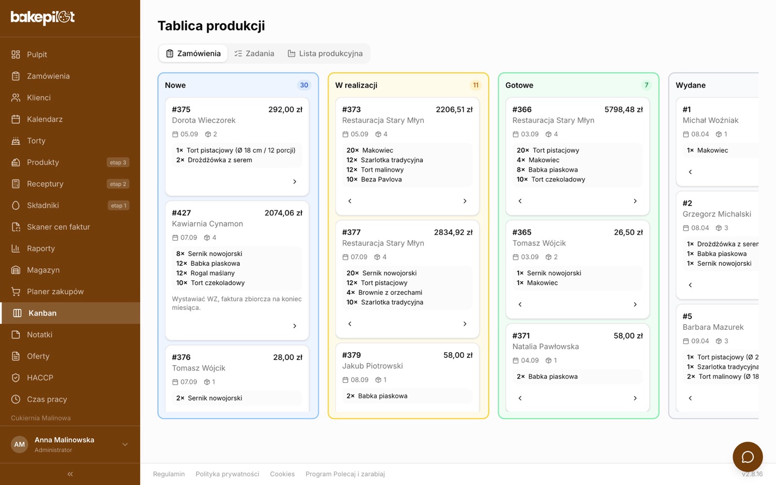 Tablica produkcji BakePilot z kolumnami Nowe, W realizacji, Gotowe i Wydane, z kartami zamówień i pozycjami do upieczenia