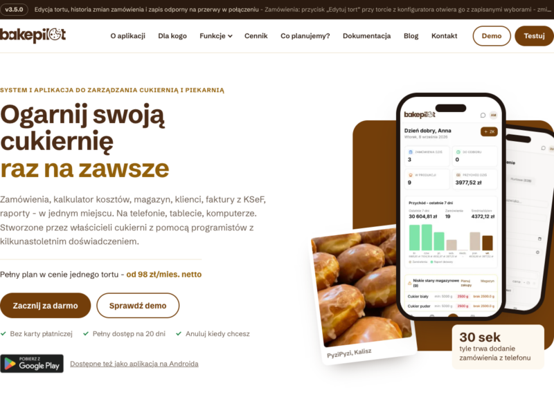 Strona główna bakepilot.pl z podglądem aplikacji BakePilot