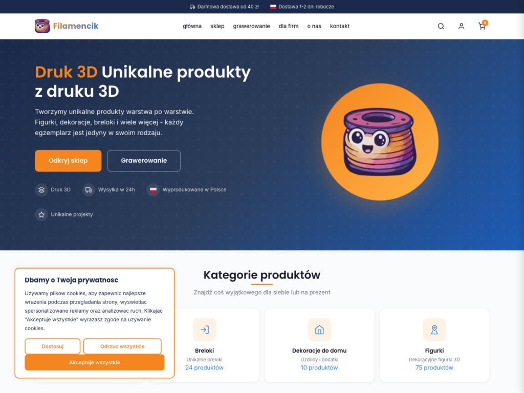 Filamencik — sklep druk 3D (realizacja KamikStudio)